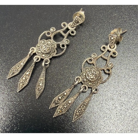 The Unbranded Brand Jewelry - Sterling Silver Marcasite Chandelier Drop Earrings Dangle Vintage 6.6 grams